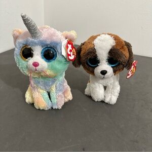 Bundle of two TY Beanie Boos Duke 6" Big Eyes Puppy Dog PLUSH And Unicorn Plush